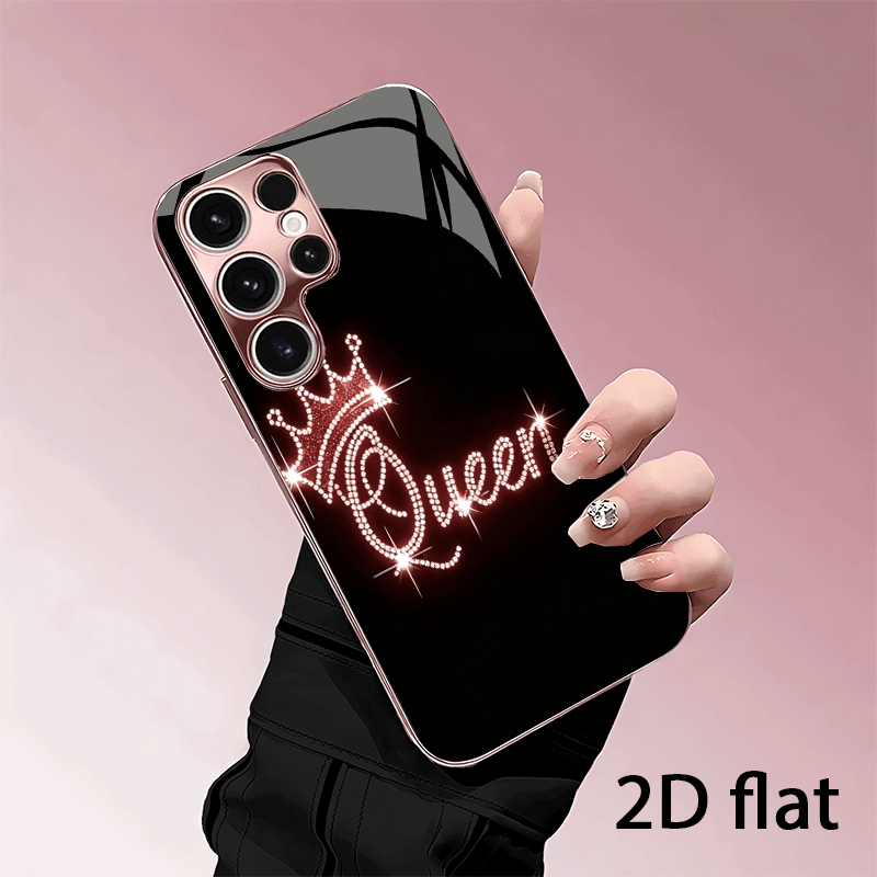TEMU Phone Case - [2d Flat] Black Background Crown Queen Letter Pattern Electroplated Glass Phone Case Suitable For Galaxy