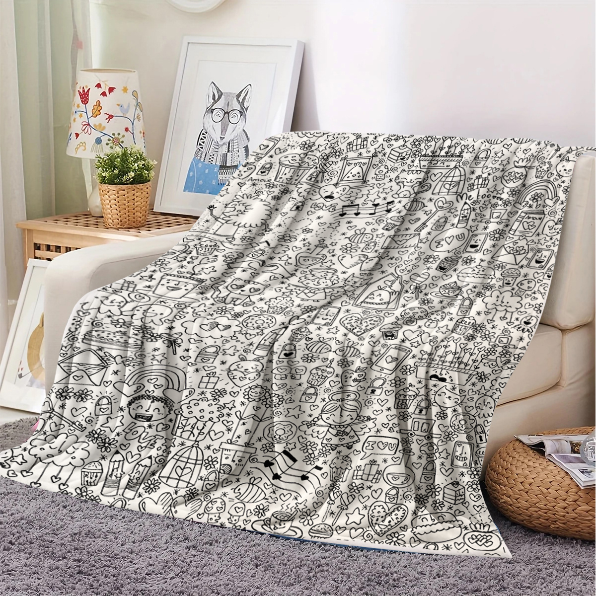 TEMU 1pc Creative Easy Doodle Theme Blanket, Soft Warm Flannel Blanket, Full Hand-drawn Pattern, Suitable For Sofa Cover, Bedroom Bed Blanket, Nap