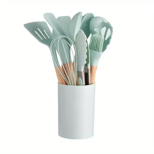 12pcs silicone kitchen utensil set with wooden handles bpa free nonstick safe cooking tools including spatulas whisks tongs stirring tools food contact safe no electricity needed