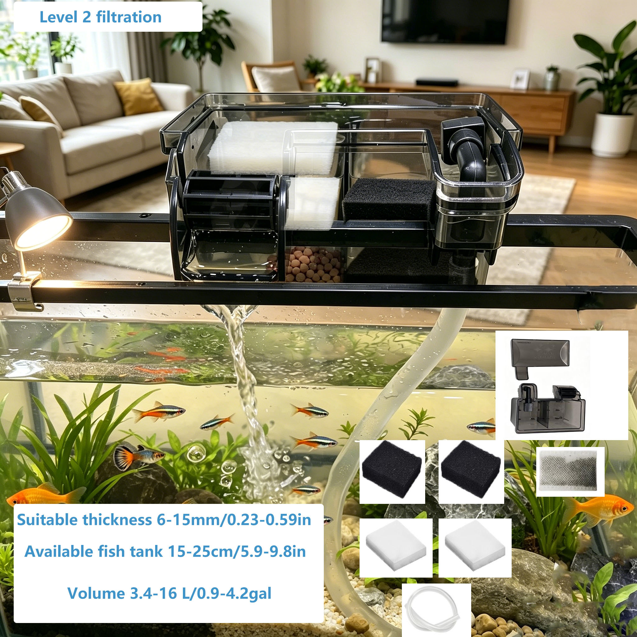 TEMU 【外付け】滝型フィルター、チャンバー式外付け滝型フィルター、フィルターパッド、フィルターコンシューマブル付き、小型～中型水槽に最適、低デシベルろ過、すぐ使える、簡単設置、電気・電池不要