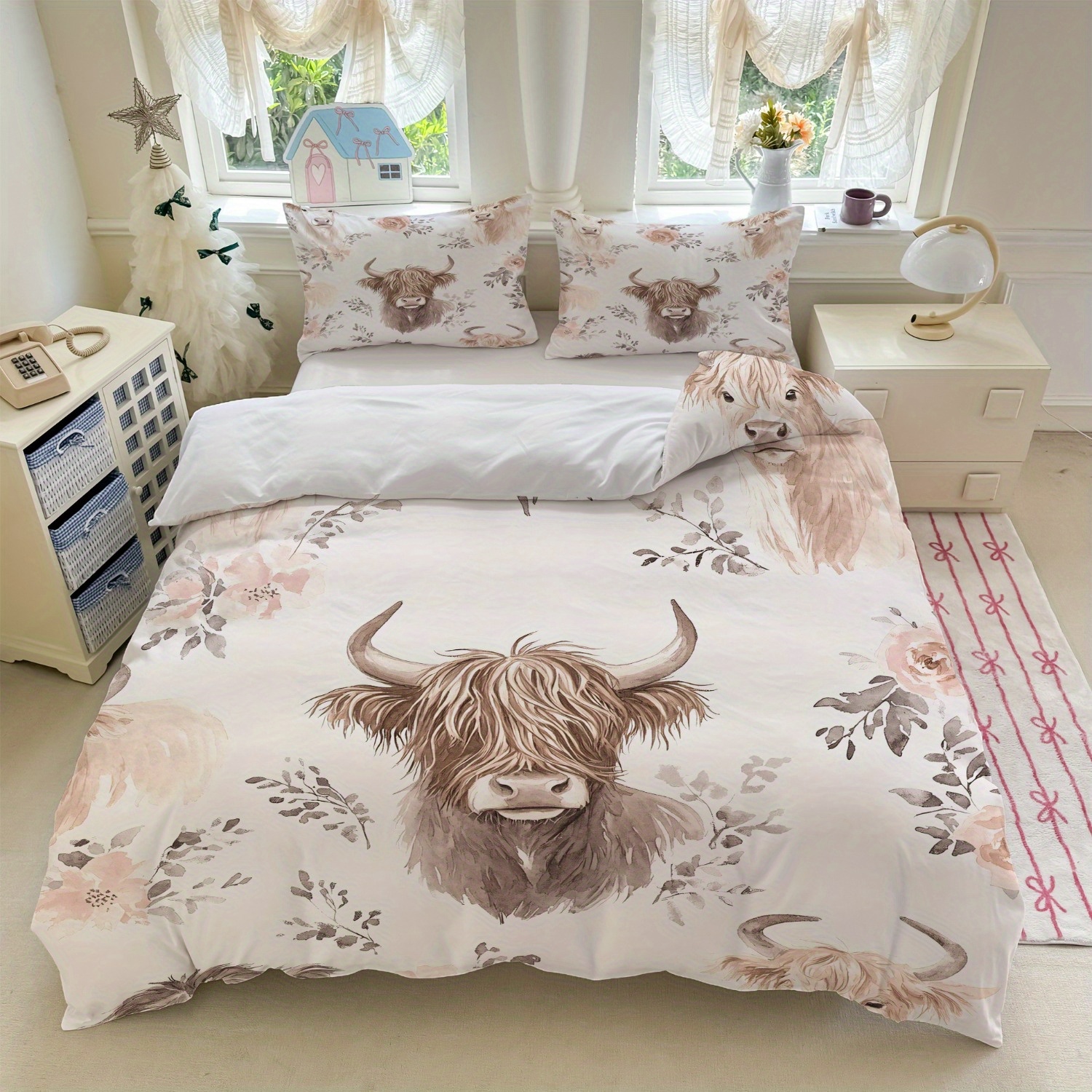 TEMU 3-teiliges Hochlandrind-Bettwäsche-Set Weiß mit Blumenmuster (1 Bettbezug + 2 Kissenbezüge, ohne Füllung) für das Schlafzimmer