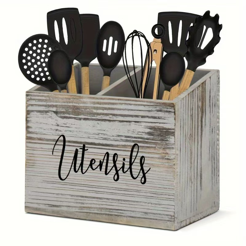 

Rustic Wooden Kitchen Utensil Holder - Vintage Style Stacking Storage Organizer Box For Cooking Tools And Gadgets, Storage Bins For Home Organization, Baskets, Bins & Containers For Home Organization