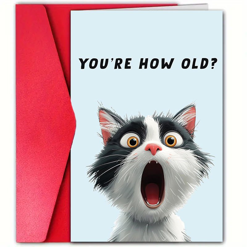 TEMU 1pc "how Old Are You?" Humorous Cat Birthday Card With Envelope - 4.72 Inches X 7.09 Inches, High-quality Paper, Perfect For Cat And Dog Lovers,