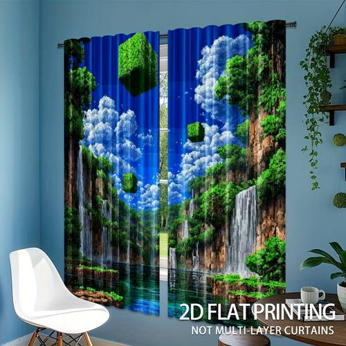 set of 2 year round curtains featuring a pixel art waterfall scene rod made of semi translucent polyester machine washable ideal for game rooms bedrooms bathrooms kitchens and festive decor