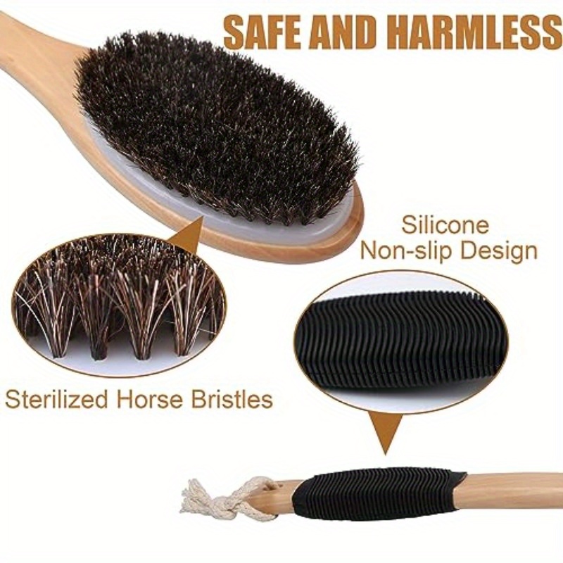   bath brush wooden curved long handle   shower brush for exfoliating natural mane scrubber for back use wet or dry back scrub deep cleanse17 2inches Product details 3