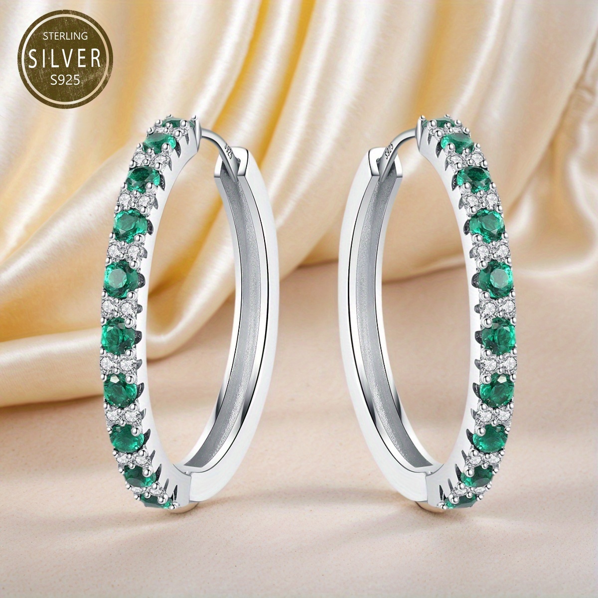 elegant luxury green zirconia hoop earrings s925 sterling silver hypoallergenic earrings suitable for women daily   gift for womens jewelry objects with design sense Product details 0