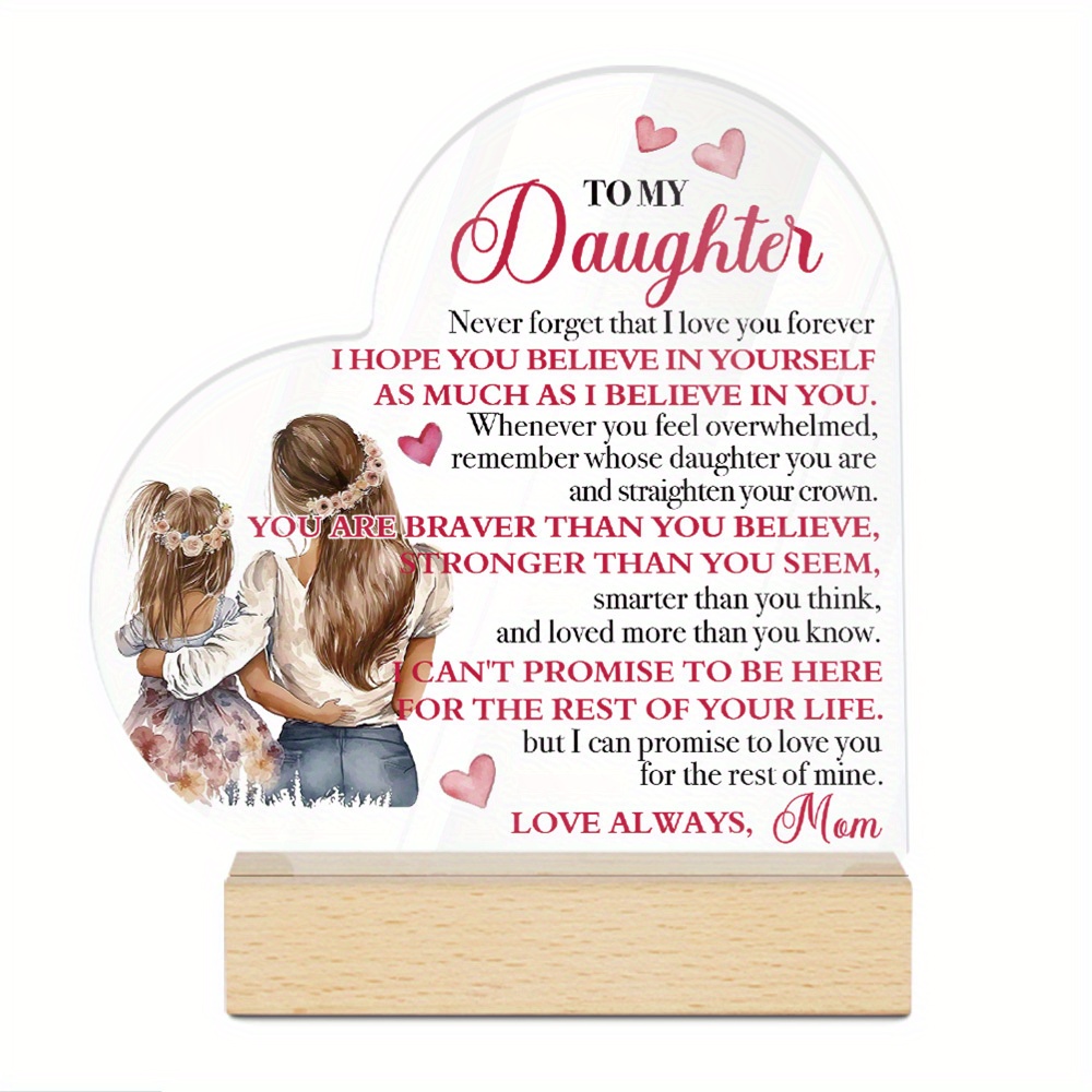 TEMU 2d Flat, 2d Flat Putuo Decor 1pc Heart Shaped Acrylic Sign Wooden Base Table Decor, To My Daughter That , Desktop Decoration For Home Room, Gift