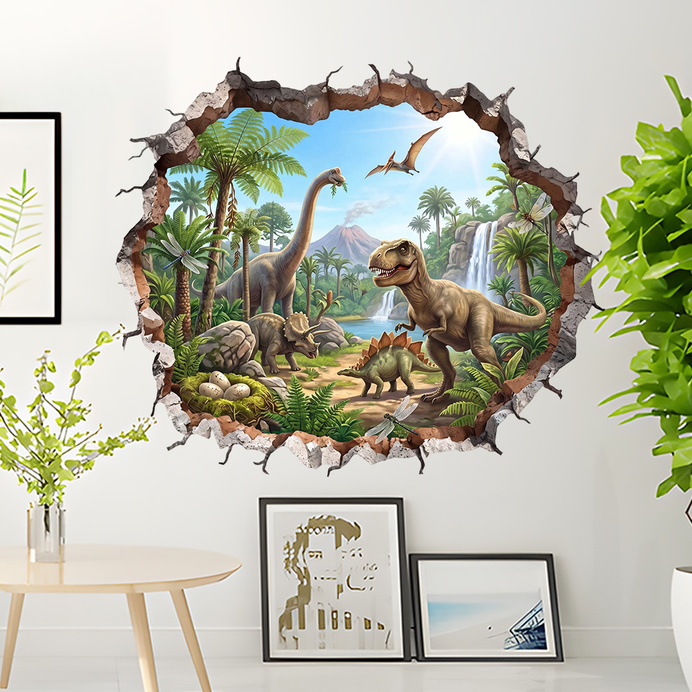 TEMU 1pc 2d Flat Wall-breaking Jurassic Dinosaur Wall Sticker - , , Brachiosaurus, Triceratops In Jungle Volcano Scene - Self-adhesive Removable