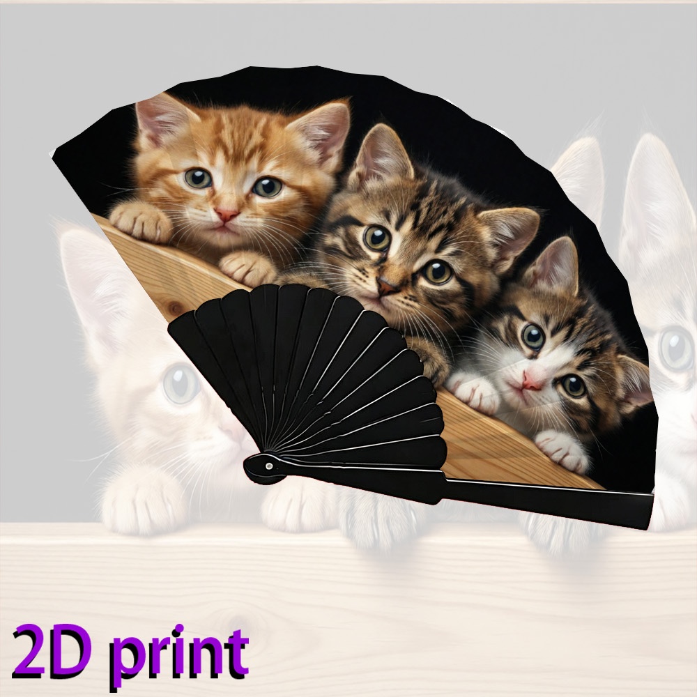 TEMU A Foldable Handheld Fan Suitable For Men And Women, Featuring 3 Cute Cats, Is Lightweight And Portable, Ideal For Daily Use Or Outdoor
