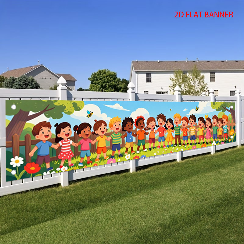 TEMU 2d Flat, 2d Flat Banner: 1 Large Children Holding Hands Banner. Colorful And Cute Cartoon Banner For Kids. Friendship Hand-in-hand Background