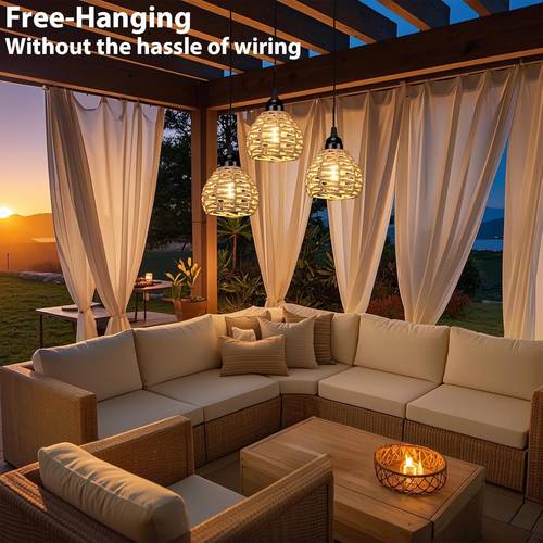 3 pack outdoor battery operated chandelier hanging rattan pendant lights with dimmable timer warm white lamps for gazebo yard porch patio garden backyard decor