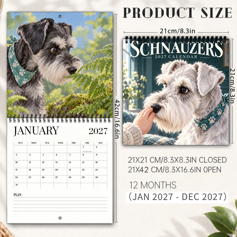 TEMU Schnauzer-themed 2027 Wall Calendar - Spiral-bound Hanging Planner With Thick Paper Suitable For , 12-month Dog Calendar With Marked Holidays,