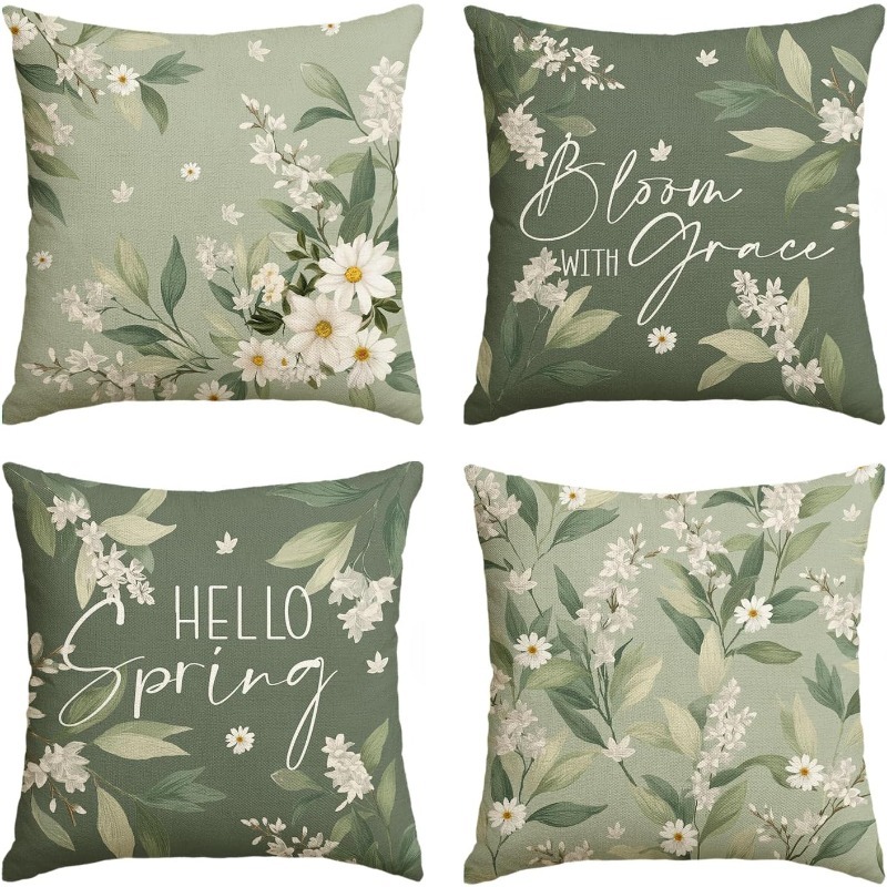 TEMU Set Of 4 White Daisy Pillow Covers, 18 X 18 Inches, Lilac Green Sofa Cushion Box Decor, 4pcs, Pillow Inserts Not Included