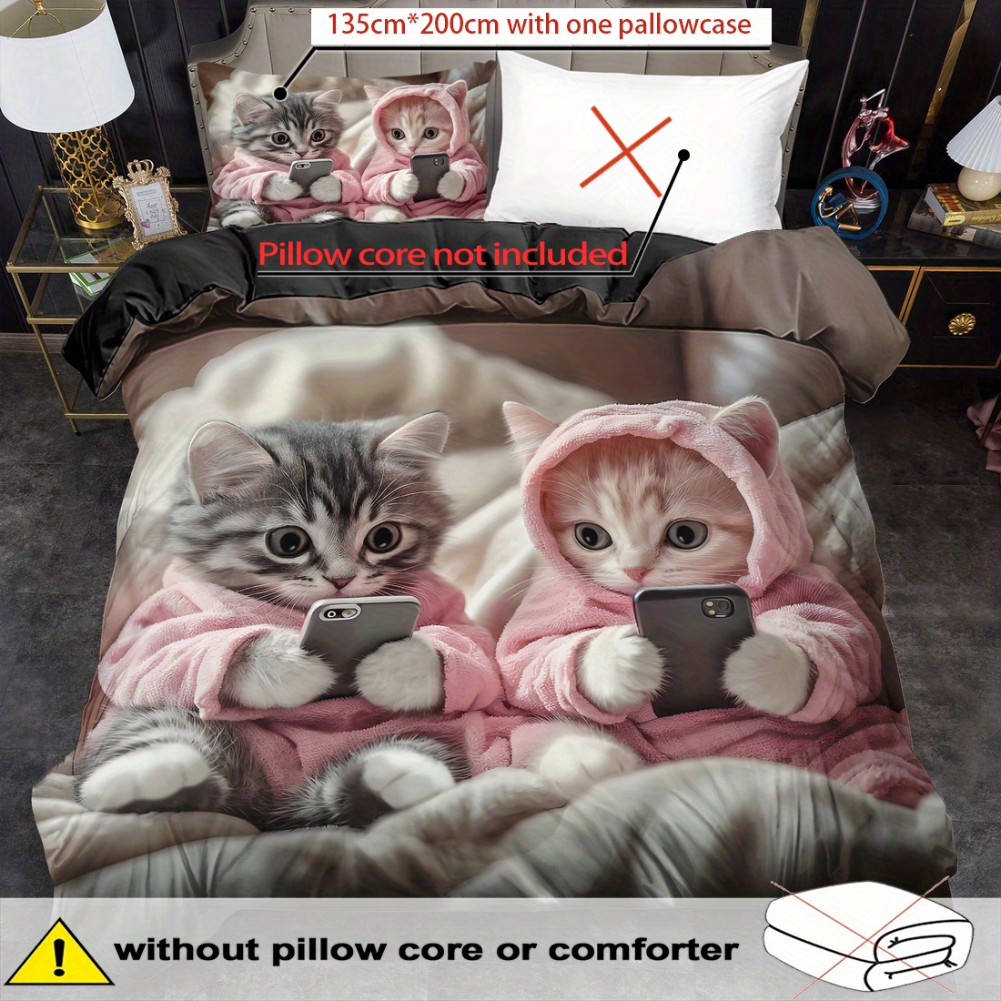 2/3pcs Valentine's Day Bedding Set Cat Duvet Cover Set Animal Comforter Cover Bedroom Decor 2d Cartoon Flat Printing (includes 1 Duvet Cover + 1/2 Pillowcases )