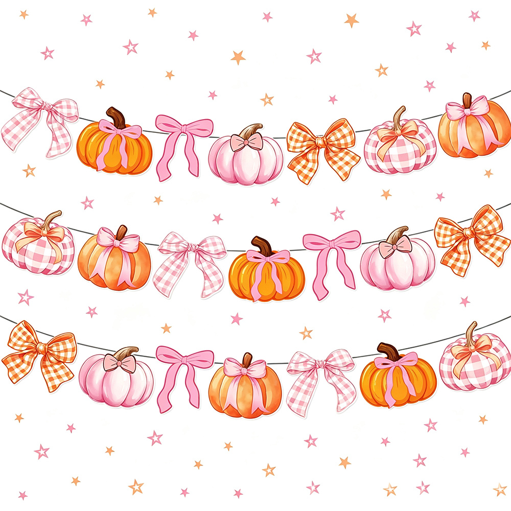 TEMU 21pcs Pumpkin Bow Garland Banner, Fall Thanksgiving Paper Bunting With Gingham Bow Pumpkin Cutouts, Pastel Party Decor For Birthday Supplies