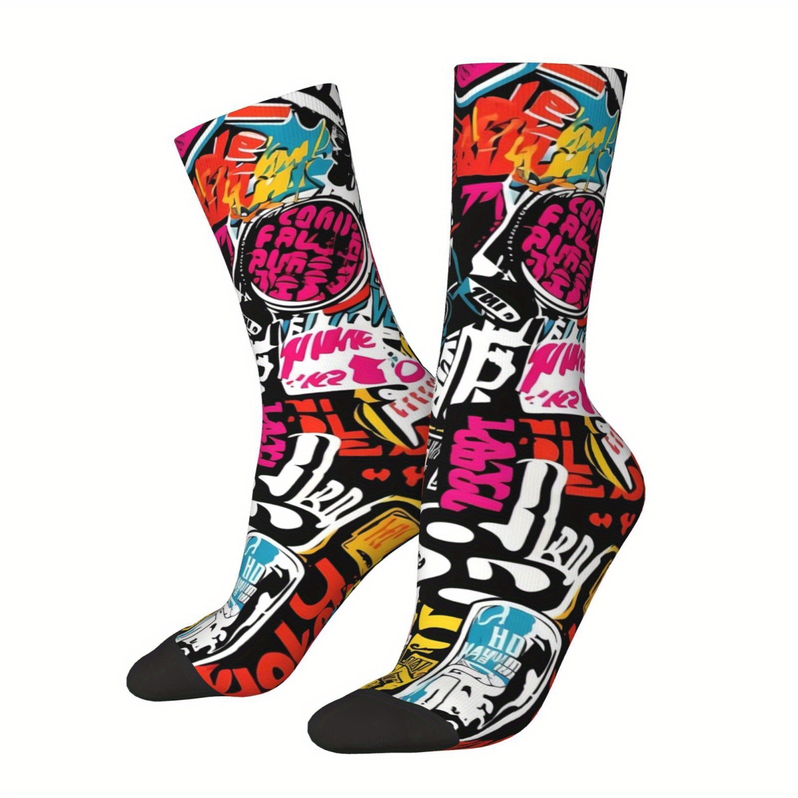 E-shop 1 Paar Novelty Crew Socken, Polyester- und Elasthan-Mischung, modisches Street Hip-Hop Happy Muster - Lustige Socken für Männer und Frauen