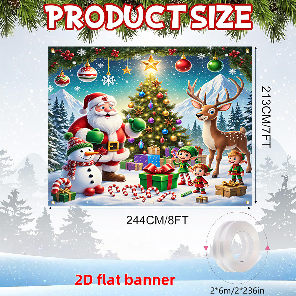 TEMU 2d Flat Banner, 1pc, Merry Christmas Garage Door Banner With Santa, Snowman, Reindeer, Elf, Christmas Tree, Gifts, Candy - Christmas Theme Party