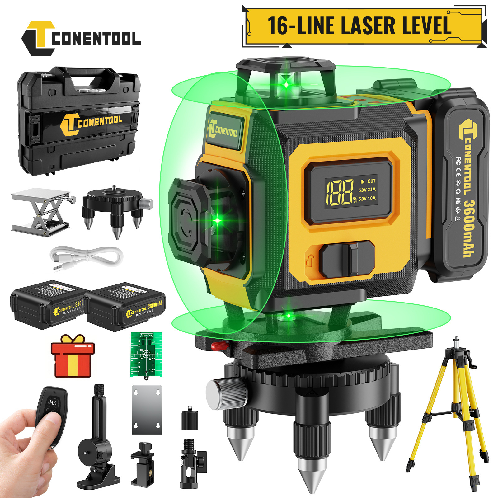 16 line laser   360 self leveling 4  green   suitable for construction and hanging paintings 4d laser level   two 2400mah 3600mah usb rechargeable batteries