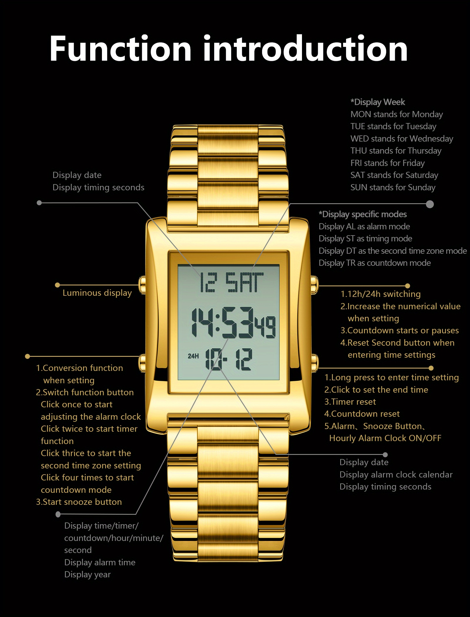 One Button How To Set Time On Button Digital Watch Men' Steel