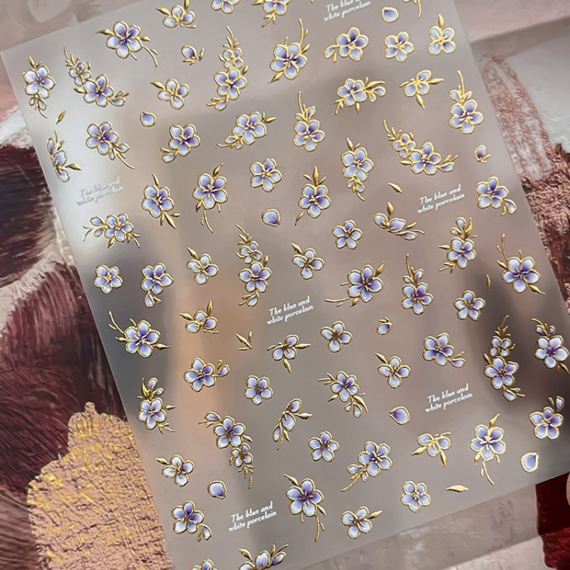 1pc Color- Contemporary Chinese Style, Metallic New Chinese-style Blue-and-white Nail Stickers, Featuring Hand-painted Flower Decorations, With Exquisite And A Beautiful When .