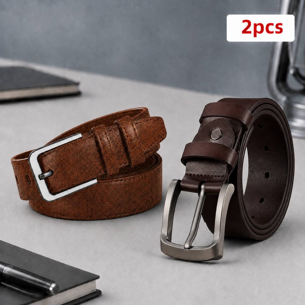 Image of 2pcs Men's Genuine Leather Belt Set, Vintage Pin Adjustable Waist Belts For Jeans, Dress, Business, Casual Wear & Gifts, Black/brown