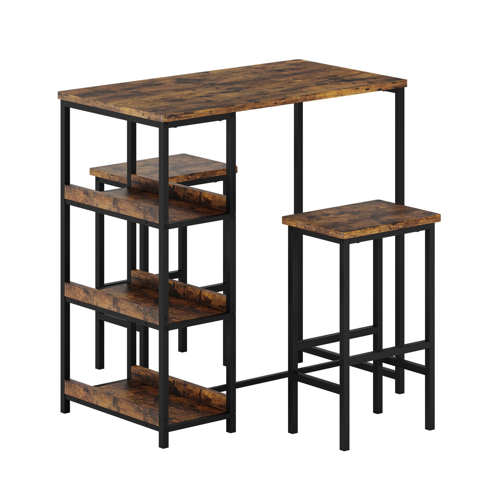 3pcs Rustic Table Set | Industrial Iron And Wood Design With Small Dining Table, Storage Shelf, And 2 Bar Stools For Apartment
