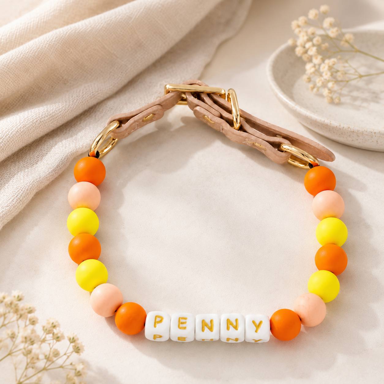 Custom Name Beaded Pet Collar with Adjustable PU Design