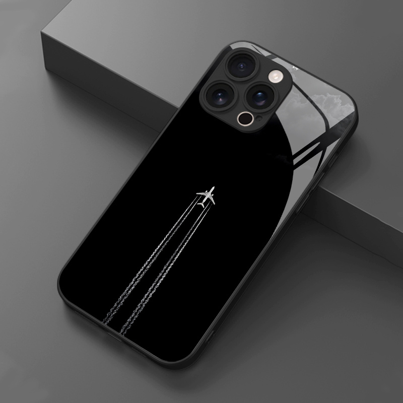 TEMU para Teléfono - 1pc Estilo y Blanca con de Contrail de Avión, Carcasa de Vidrio Templado para Iphone