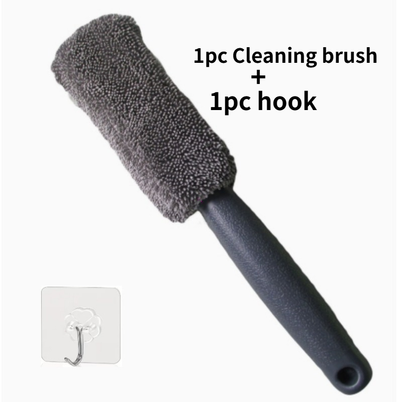 TEMU 2pcs Set (1pc Cleaning Brush And 1pc Hook) Soft Microfiber Car Wheel Cleaning Brush, Scratch-free Rim And Tire Brush, Deep Tool, Suitable For
