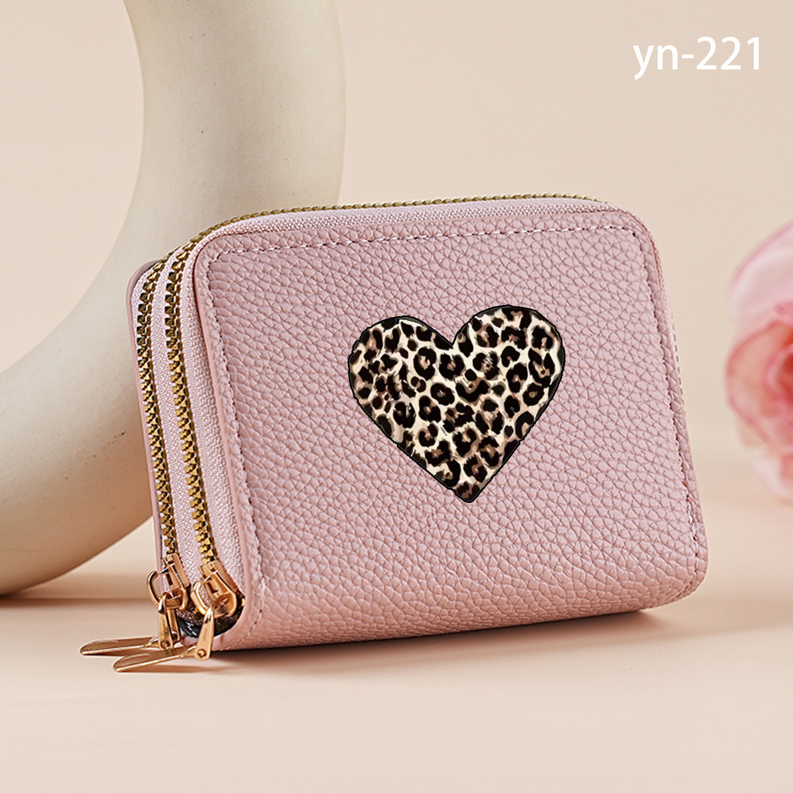 TEMU 1pc Of Fashionable, Simple, And Versatile Double-layer Zipper Wallet Featuring A Romantic And Minimalist Leopard Print Heart Silhouette Print