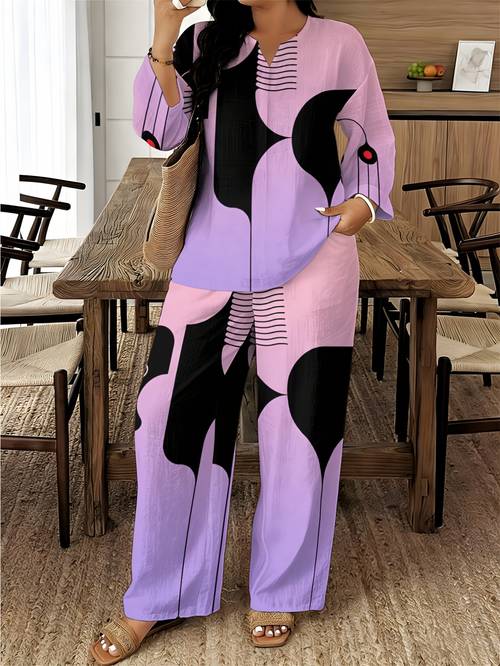 womens standard size long sleeve and long pants 2pcs set spring summer neck long sleeve shirt with printed elastic waistband pants 2pcs set machine washable fabric elegant and comfortable suitable for co