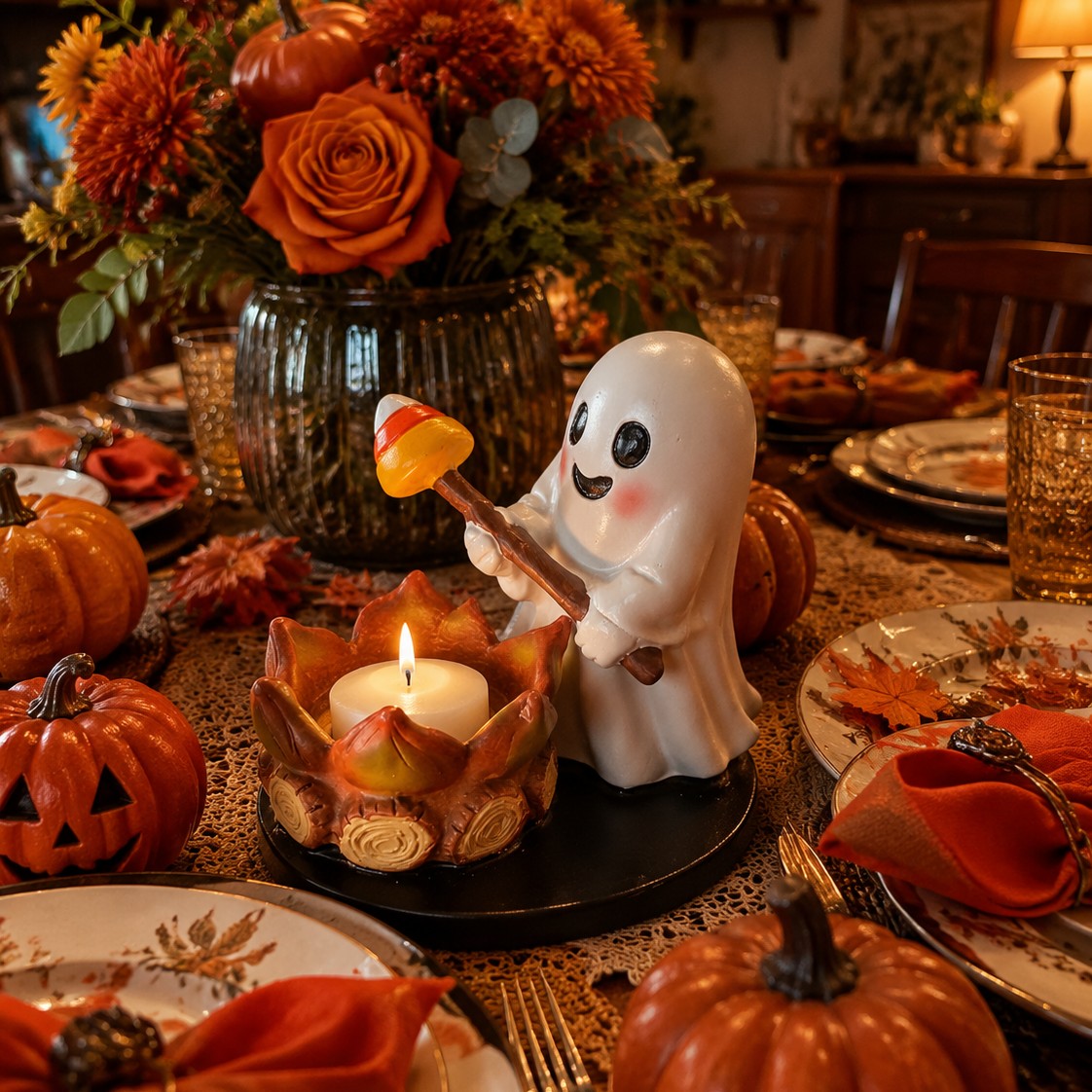 TEMU Halloween Figurine & Candle Holder - Spooky Resin Tabletop Centerpiece Suitable For Party, Mantel Shelf Fireplace Decor, Haunted House Table