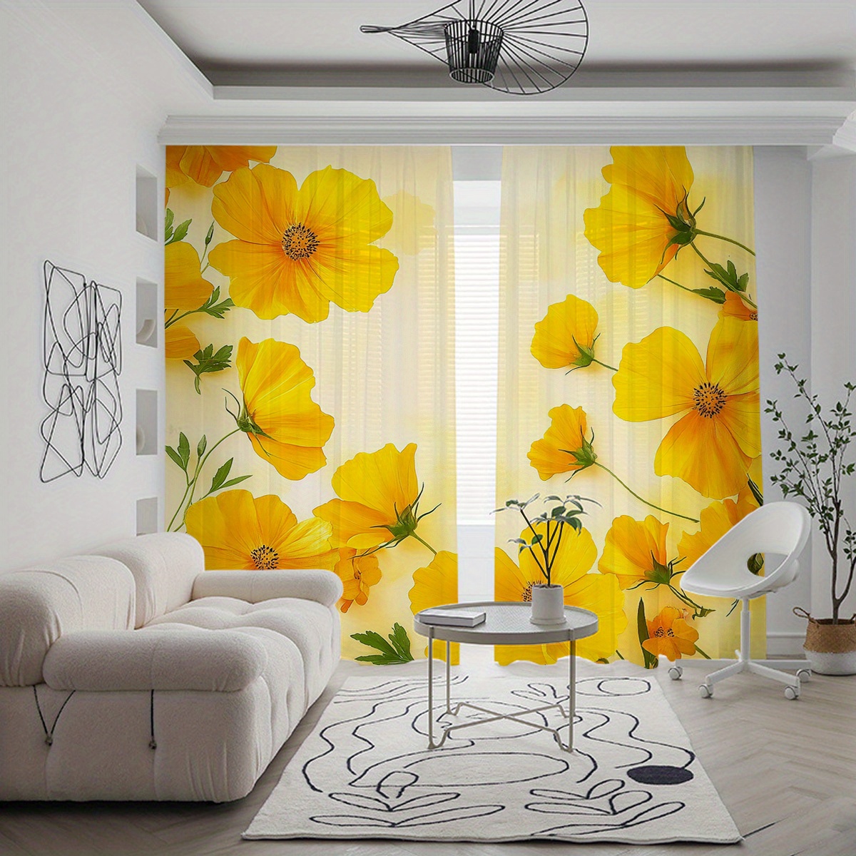 TEMU 2pcs Of Semi-sheer Curtains, Home Decor Sheer Window Screens, Yellow Flower Print Sheer Curtains, Style Home Decor Window Screens, Suitable For
