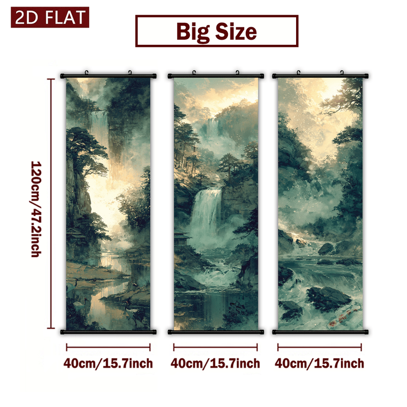 TEMU 2d Flat, 2d/flat-3pcs Chinese Style Landscape Waterfall Plastic Scroll Hanging Paintings Ink Art Wall Decor High-definition Printing Non-fading