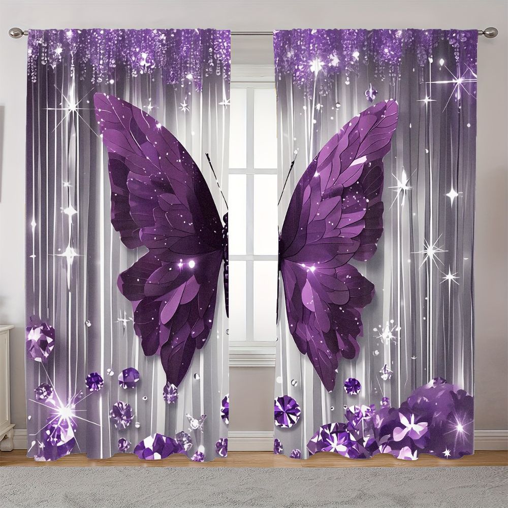 TEMU 2d Flat - 2pcs 2d Flat Printing 21.65x59inch/55x150cma D Purple Gem Curtains Featuring Vertical Silvery Stripes With Starry Light Effects, With