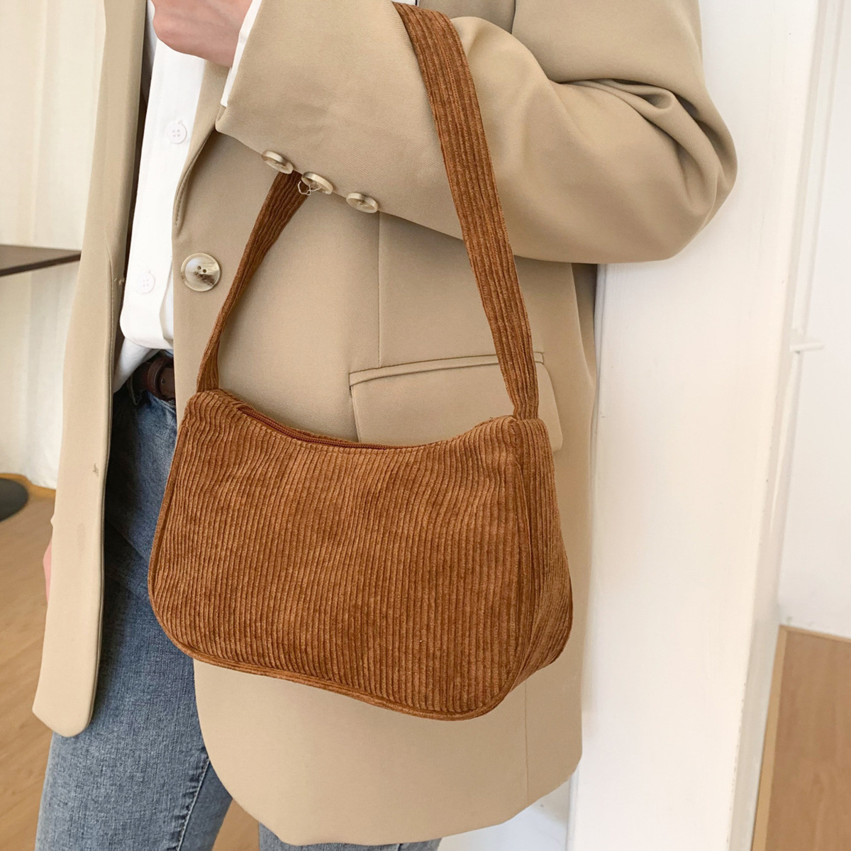 TEMU /brown Small Square Handbag Plush Shoulder Fashion Retro Corduroy Underarm Baguette Bag Tote Bag 1pc