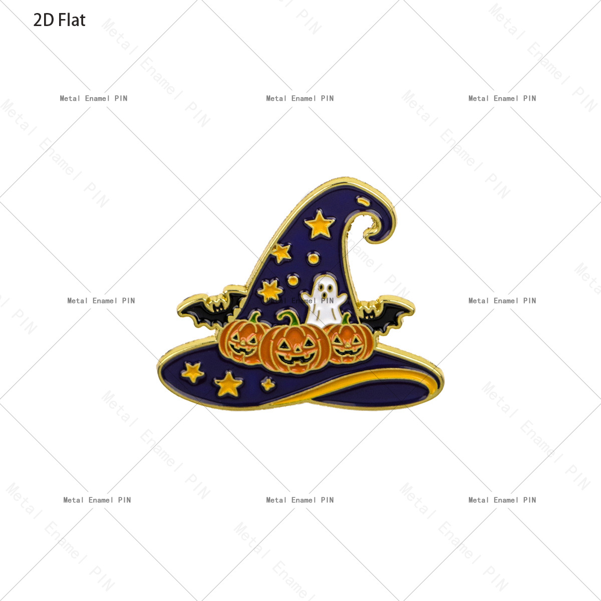 TEMU da 2D piatta, 1 pz smaltata a forma di cappello da strega, distintivo in metallo con zucca spettrale e pipistrello di Halloween, Decorazione per