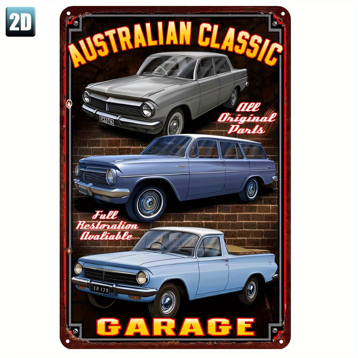 TEMU 2d Flat, Vintage Australian Classic Car Metal Tin Sign - 8"x12" Wall Decor, Double-sided Durable Iron Art Decoration, 3 Iconic Car Models,