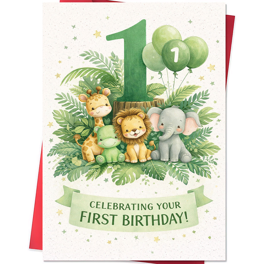 TEMU A Charming Jungle-themed Card And Envelope Set For Celebrating A Baby's First Birthday, Parents To Use At The Birthday Party