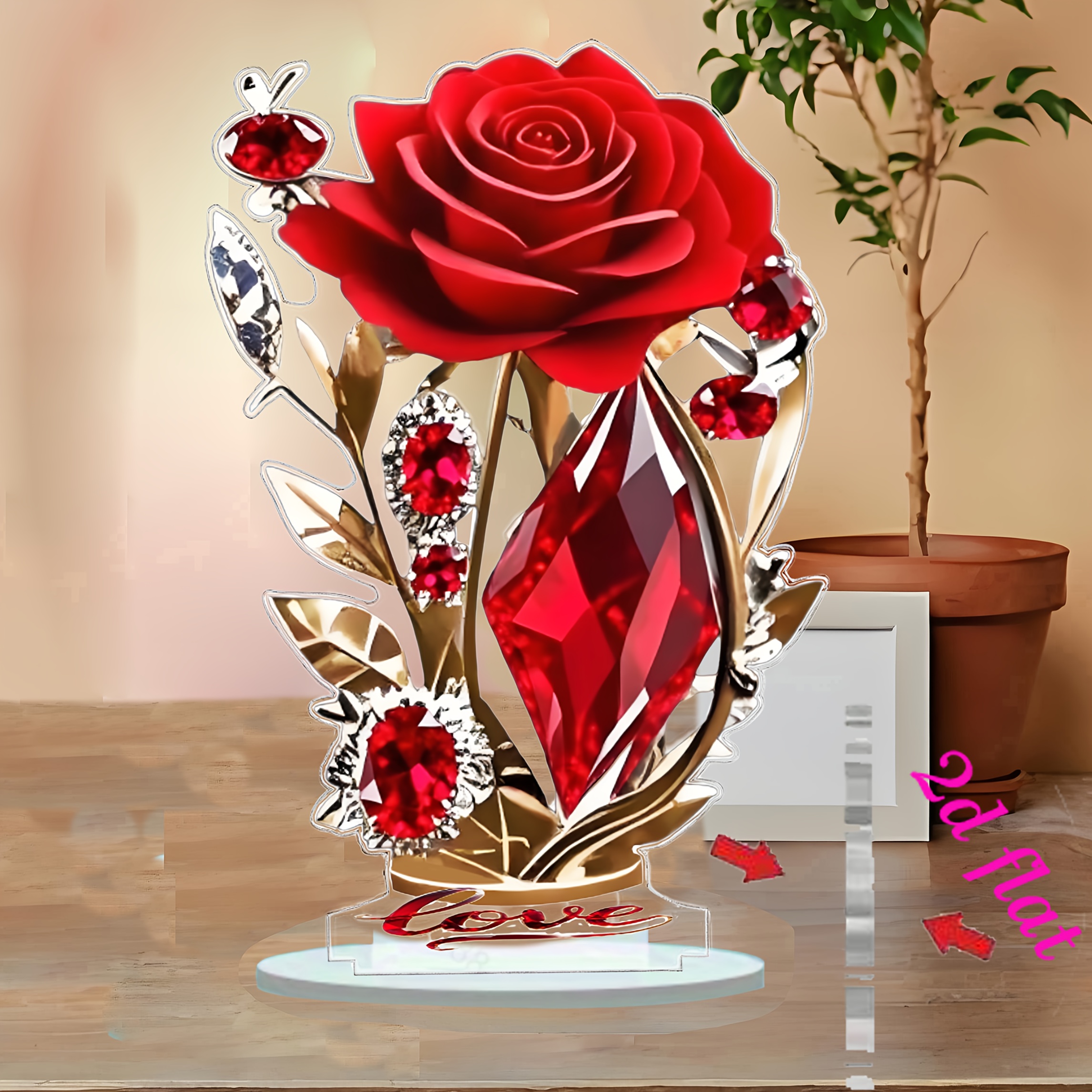 E-shop 2D Flach, . Luxuriöse Burgunder-Rose und kristallähnliche Acryl-Tischdekoration mit transparentem Sockel - Elegante 2D Flach-Tischdekoration,