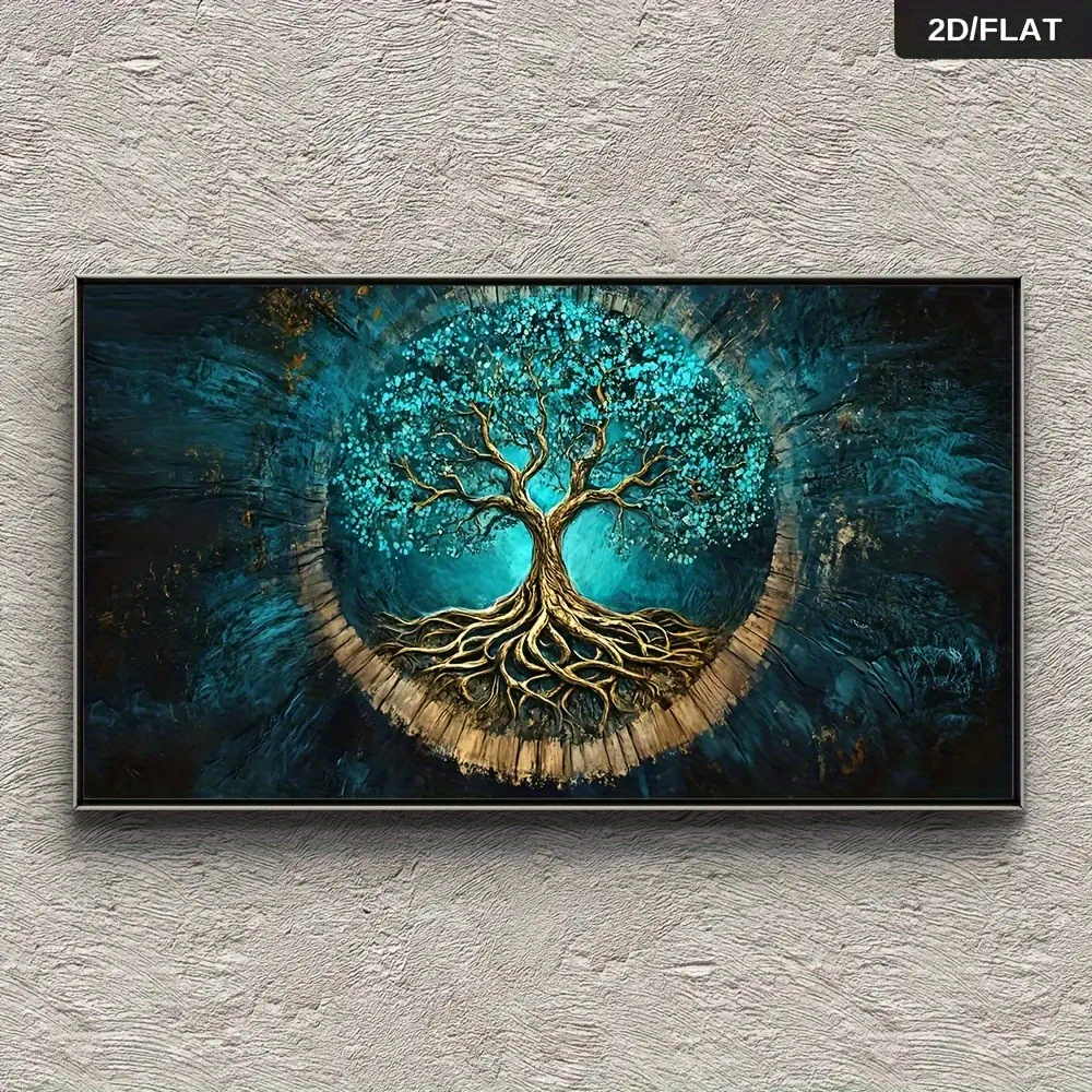 TEMU 1pc Large Of Life Wall Art - Turquoise Blue, Golden, Black, Beige & Brown Frameless Canvas Painting Suitable For Living Room, Bedroom - Tree Of