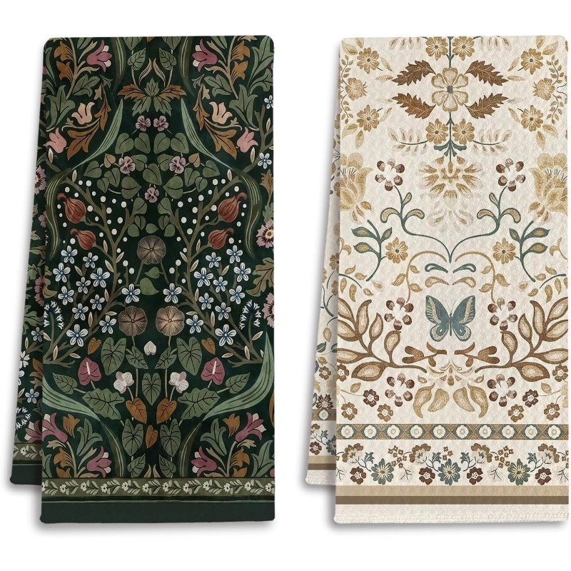 TEMU 2-pack Bohemian Style Floral And Botanical Kitchen Cleaning Cloths, Absorbent, Easy To Clean, Fade-resistant, No Fluorescent Agents,