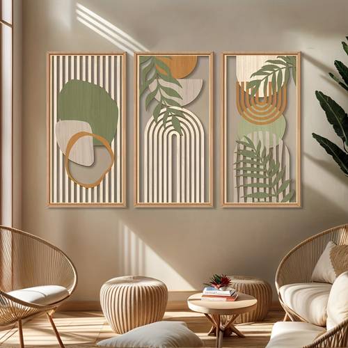 3pcs sage green bohemian wood wall art abstract geometric leaf panels with natural wood slats century modern neutral suitable for living room bedroom office decor sculptures for walls holiday gift for christmas father day