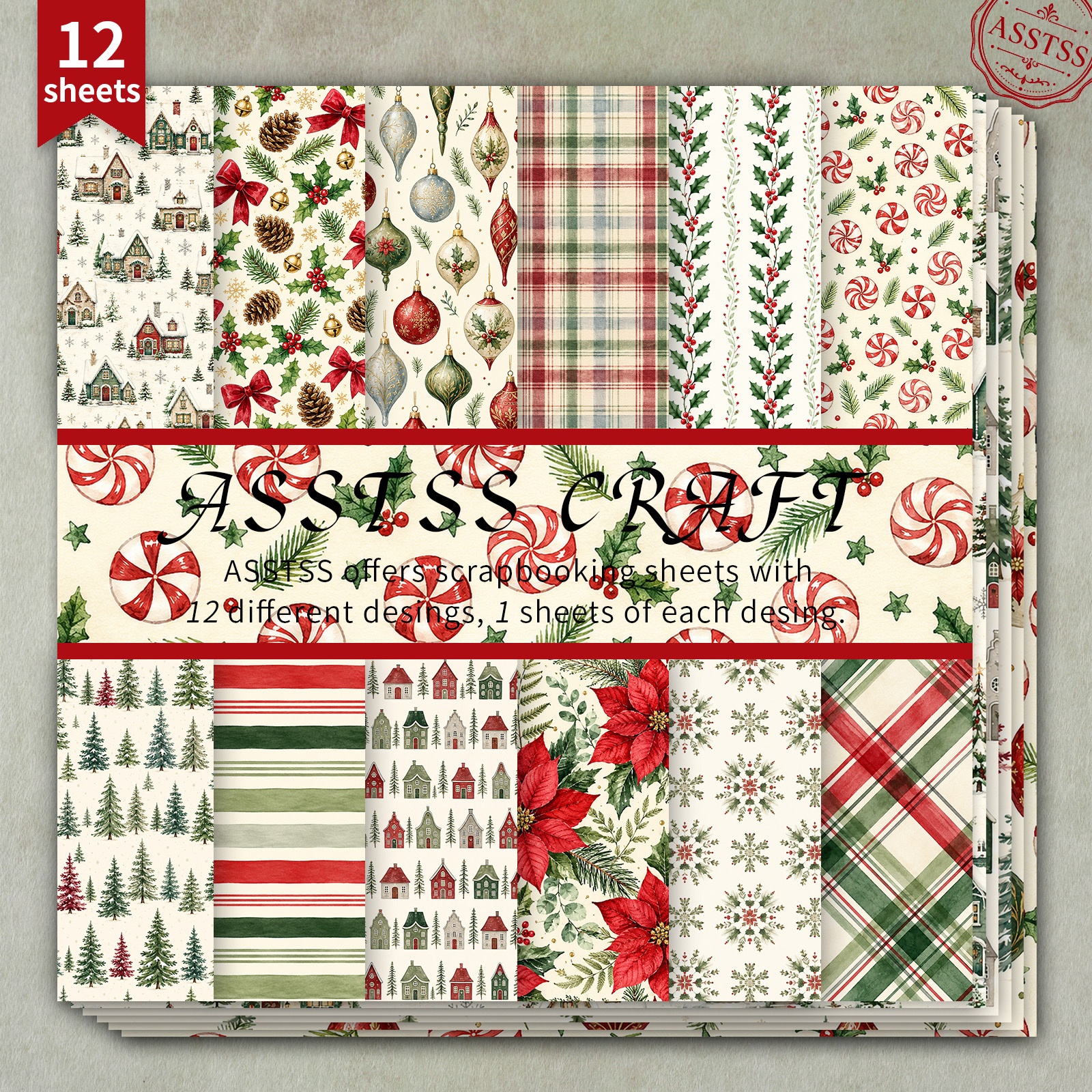 TEMU Bloc de papier de scrapbooking 12 feuilles assorties 6*6 pouces, papier de style bonbon à carreaux de Noël vintage, papier cartonné épais pour à