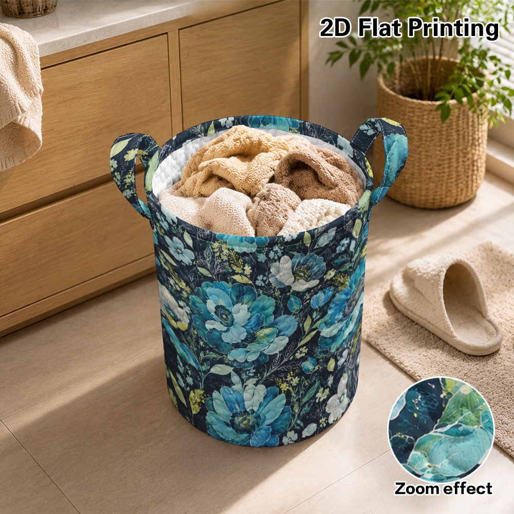 2d flat printing 1pc blue floral   round quilted laundry hamper with handles large capacity and foldable suitable for storing gifts for christmas parties and   yoga supplies bed household   laundry baskets