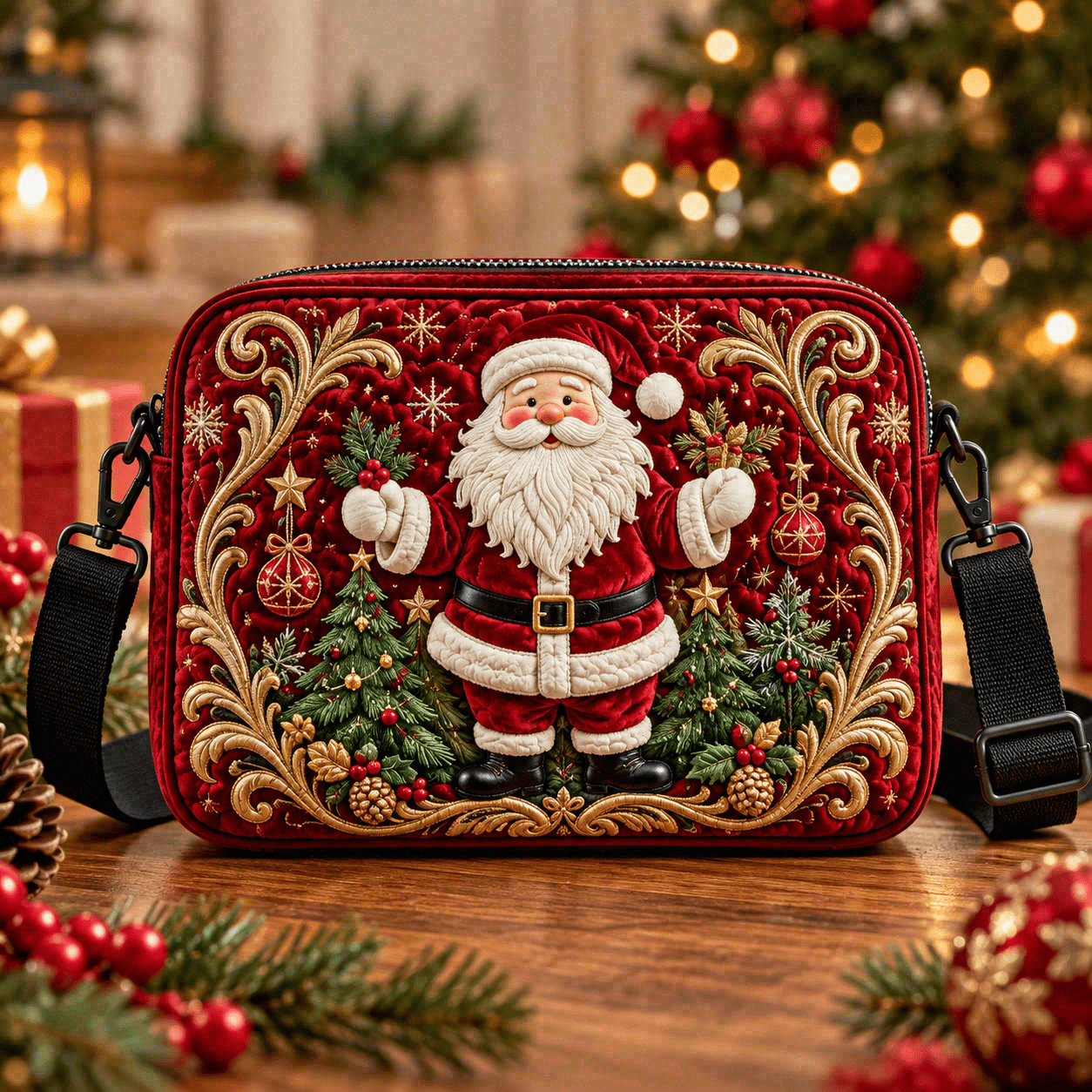 TEMU 1pc Women's Quilted Crossbody Bag, Vintage Santa Claus Ornate Christmas Print, Classic Holiday Zipper Shoulder Purse With Black Strap, Compact