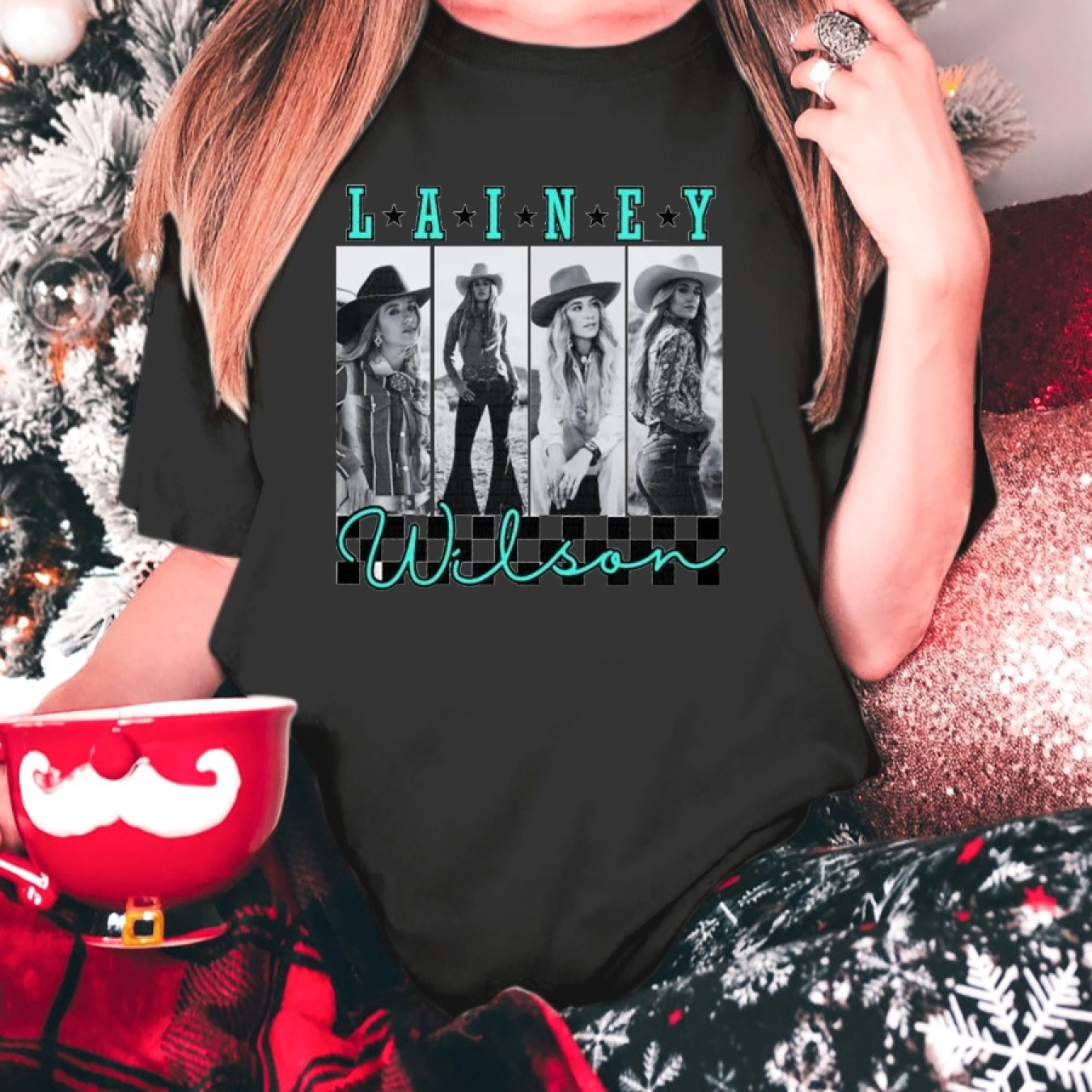 

Women's Country Music Tee - Western Neon Teal Checkered, Breathable, Casual Sporty Style With Front Print - Gift