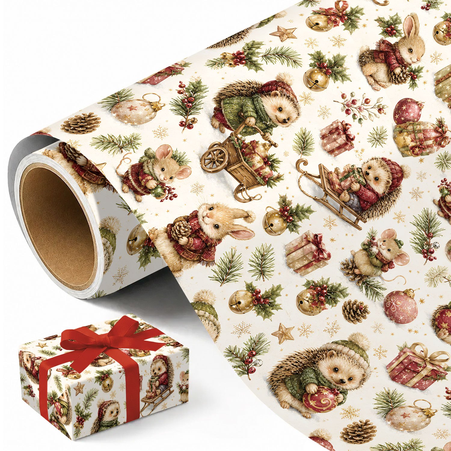 TEMU 1 Roll Vintage Christmas Wrapping Paper - Cute Hedgehog And Rabbit Pattern, Holiday Designs, Measuring 45cm X 300cm (17.7in X 118in)