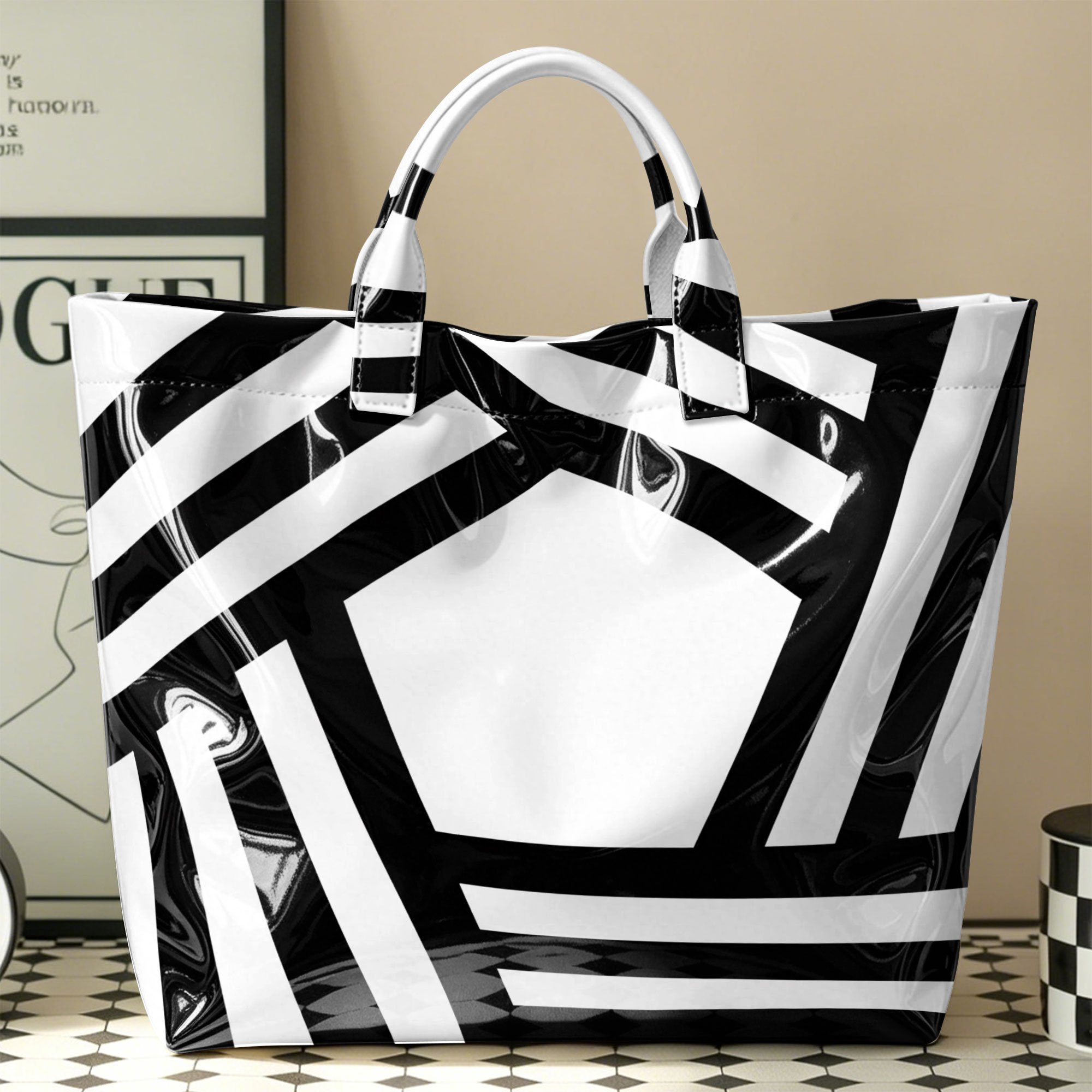 TEMU Black And White Geometric Print Glossy Tote Bag For Women, Large Capacity Reusable Lightweight Shoulder Bag, Stylish & Durable Carryall For
