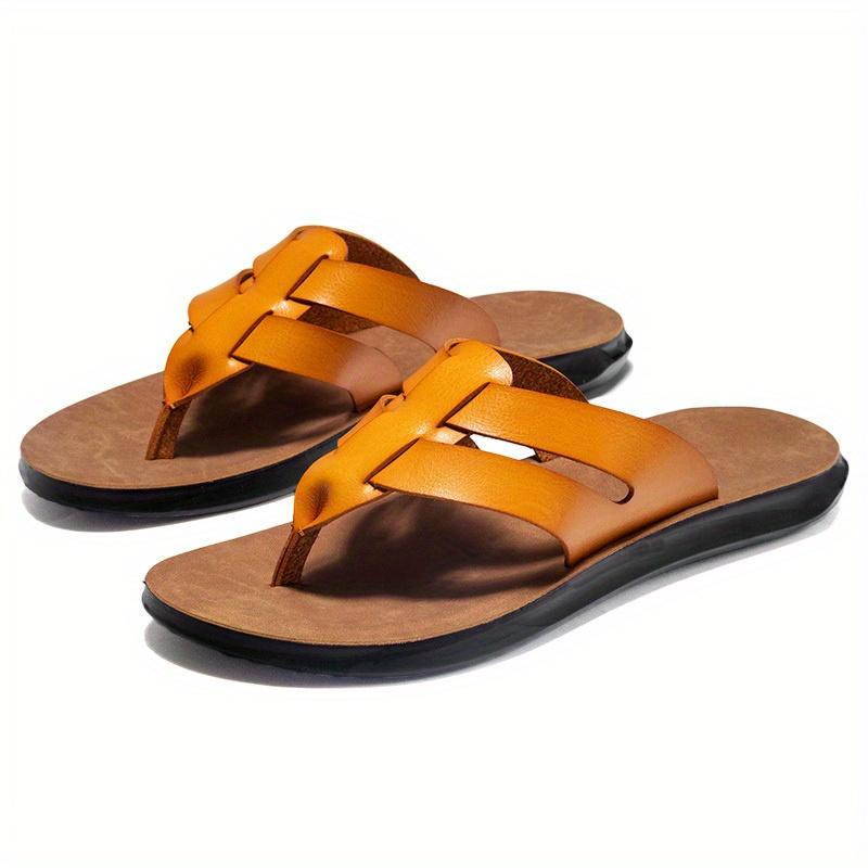   mens retro flip flops anti slip cushioned arch support pu upper pvc sole brown beach sandals with unique strap design breathable eva insole cushioned   for gym pool travel business   slip on footwear versatile casual semi formal shoes travel sandals pool footwear stylish   durable construction antislip sole  able slippers   Product details 2